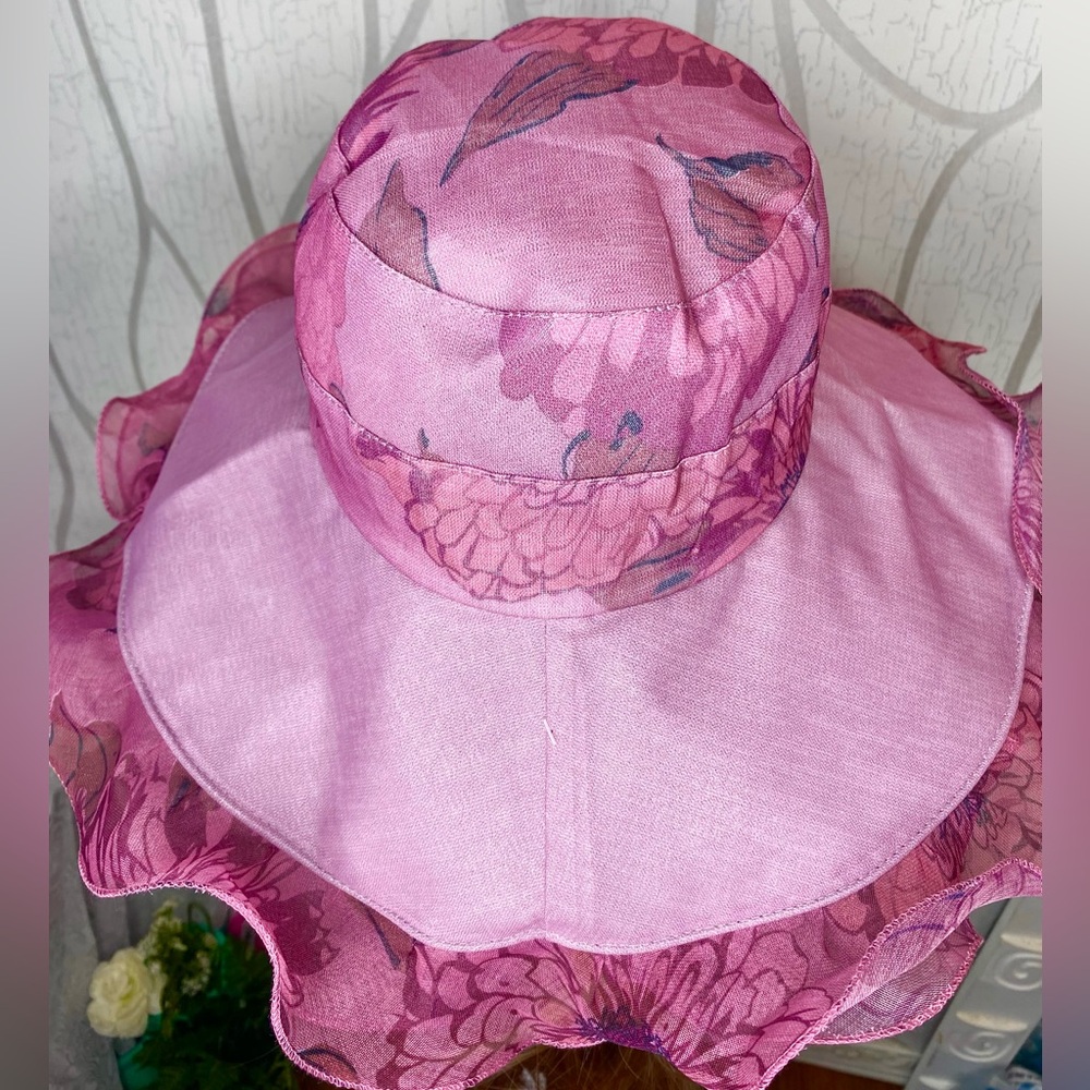 🎀🌷 Mauve Pink Floral Elegant Ruffle Trim Sun Hat 🌷🎀 NWT - Picture 11 of 15